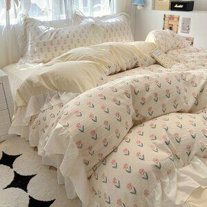 Skin friendly French romantic lace washed cotton printed bed bedding skirt